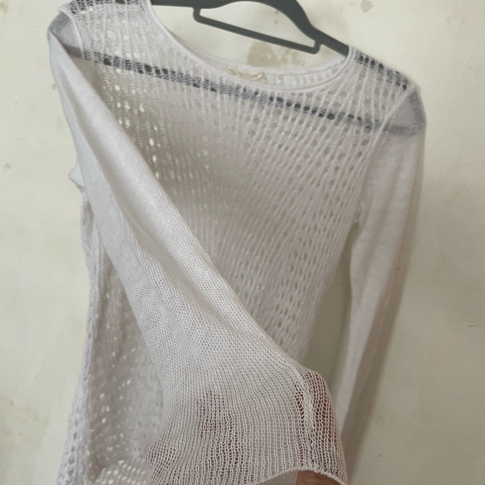 Eileen Fisher Organic Linen White Knit Chochet Long Sleeve Top M - Picture 3 of 6